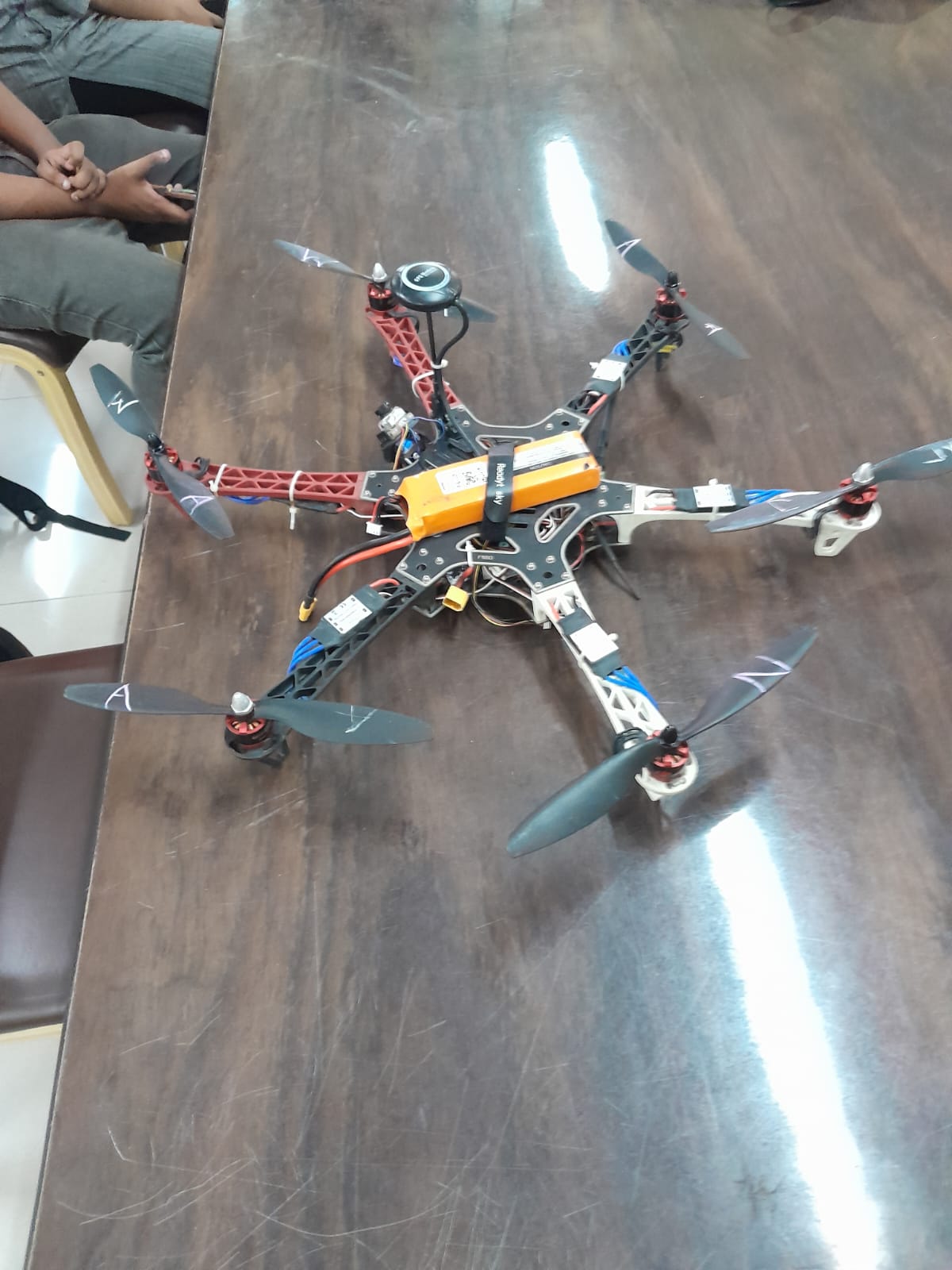Close-up of multi-rotor drone on table