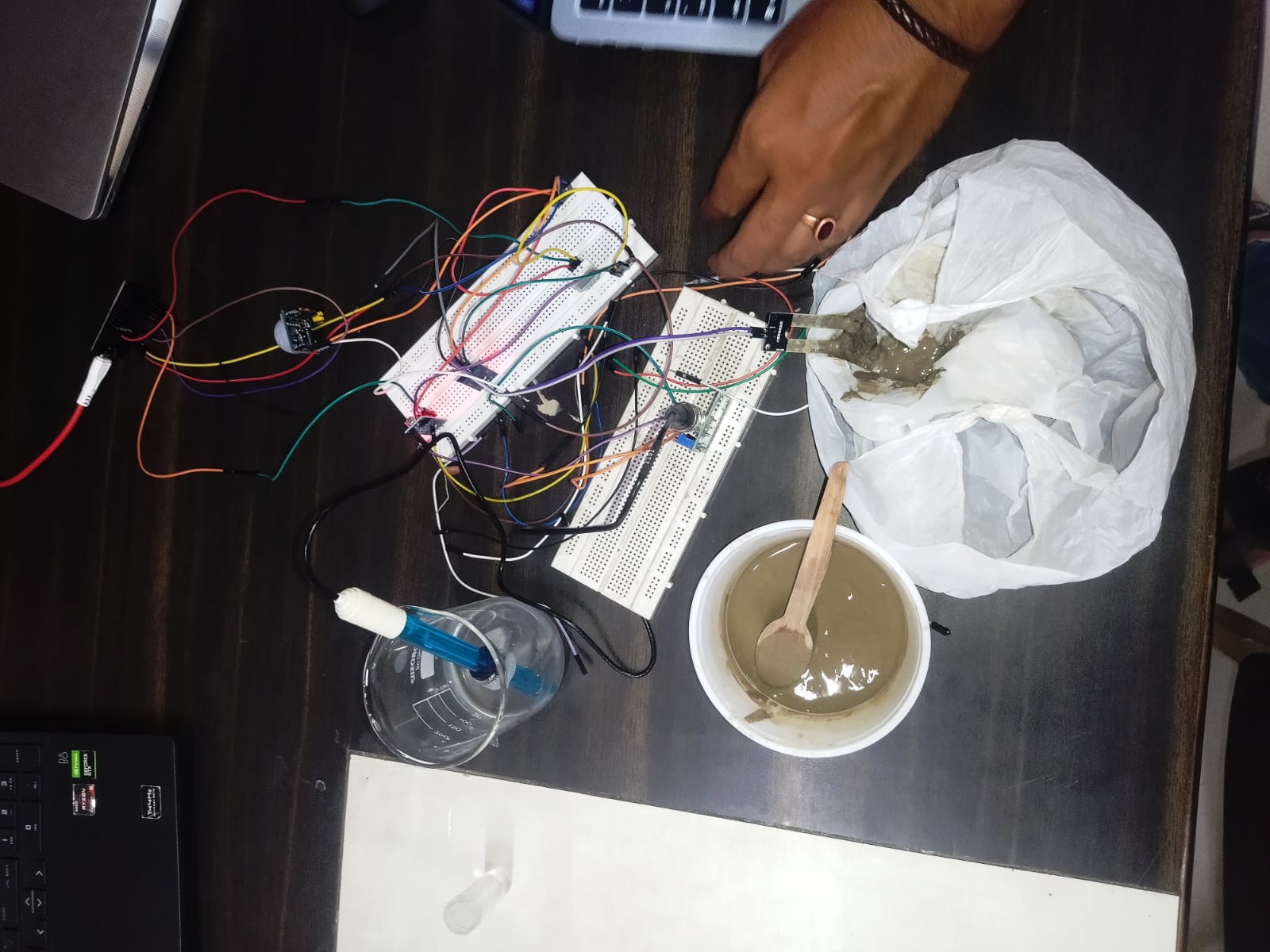 Electronics breadboard and beaker—prototype setup